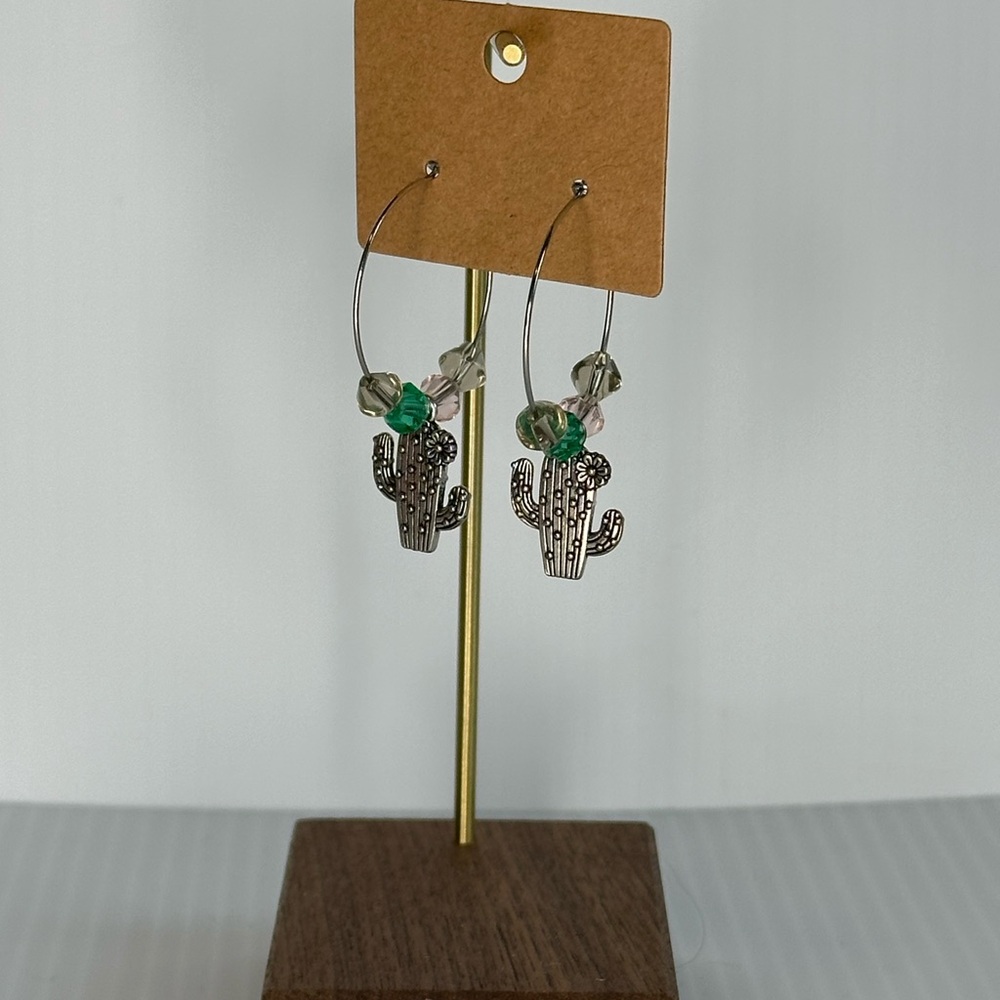 Silver Cactus Hoop Earrings with beads